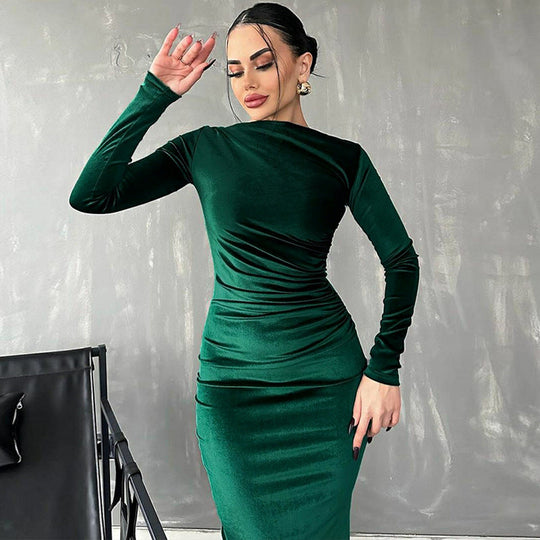 Heidi-Mode | Elegante Velours Midi Kleid mit Langen Ärmeln