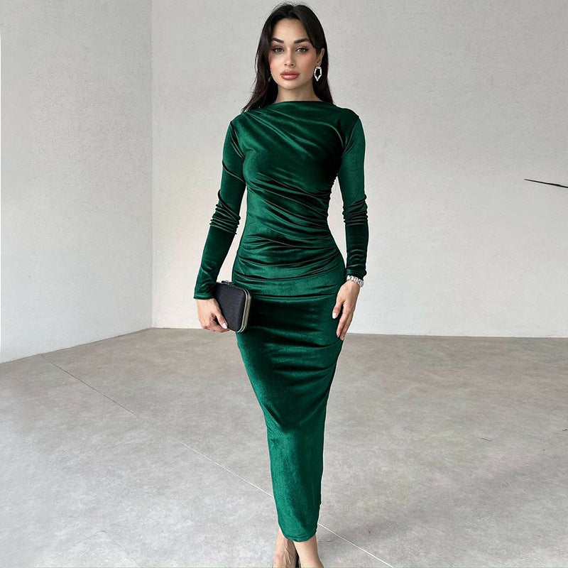 Heidi-Mode | Elegante Velours Midi Kleid mit Langen Ärmeln