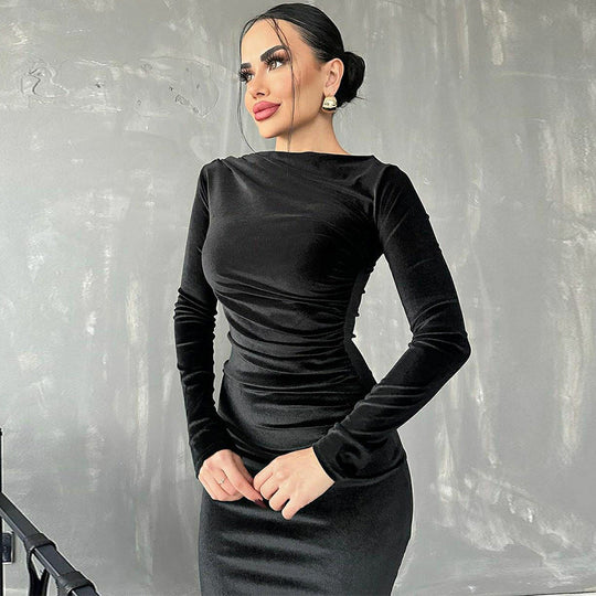 Heidi-Mode | Elegante Velours Midi Kleid mit Langen Ärmeln