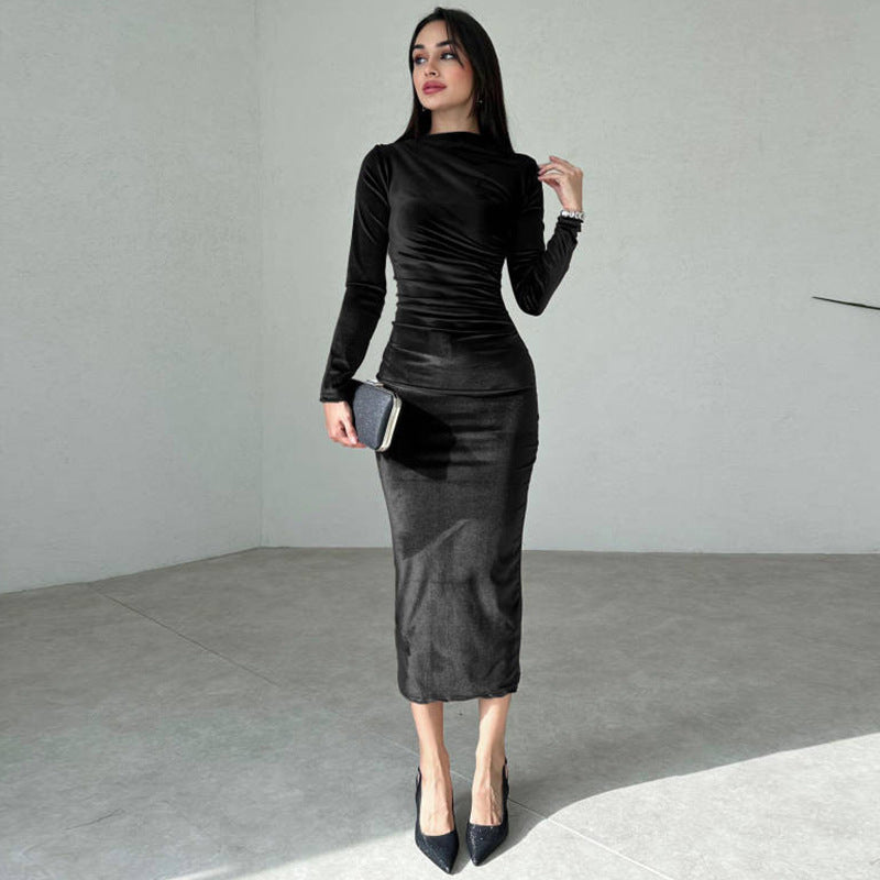 Heidi-Mode | Elegante Velours Midi Kleid mit Langen Ärmeln