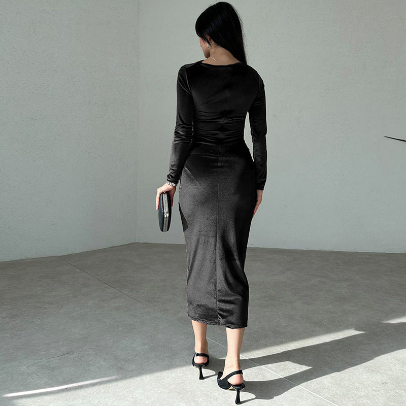 Heidi-Mode | Elegante Velours Midi Kleid mit Langen Ärmeln