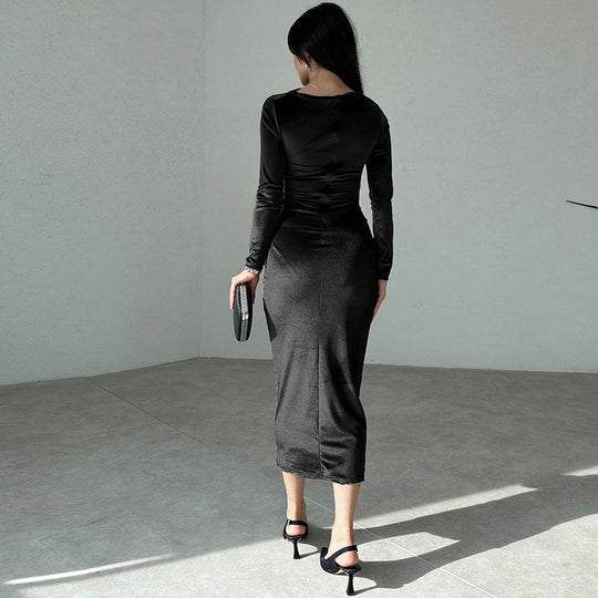 Heidi-Mode | Elegante Velours Midi Kleid mit Langen Ärmeln