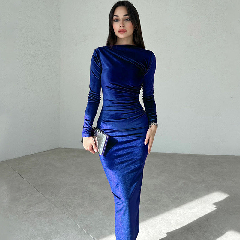 Heidi-Mode | Elegante Velours Midi Kleid mit Langen Ärmeln