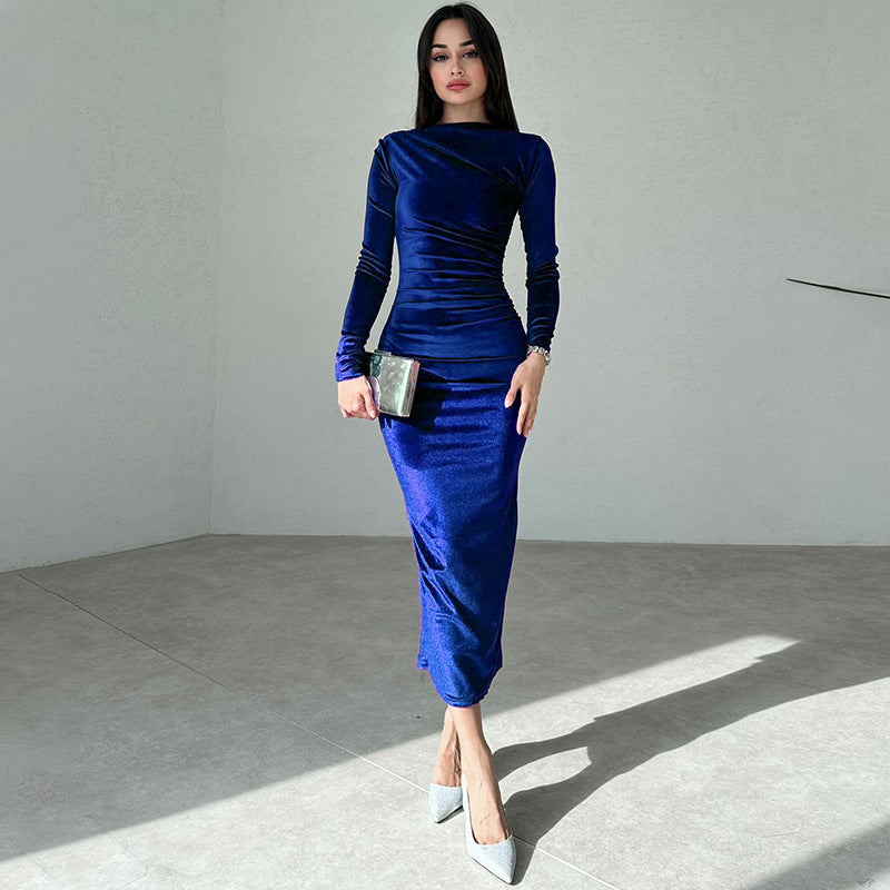 Heidi-Mode | Elegante Velours Midi Kleid mit Langen Ärmeln