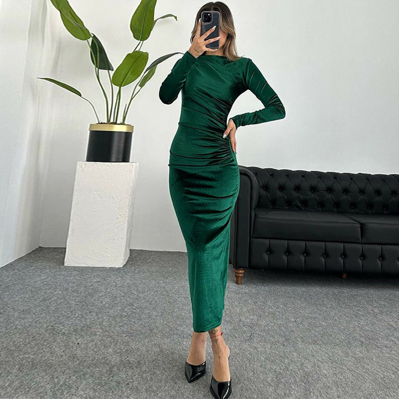 Heidi-Mode | Elegante Velours Midi Kleid mit Langen Ärmeln