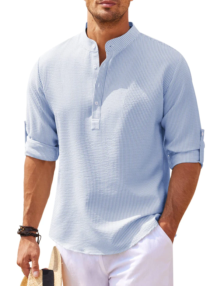 Heidi-Mode | Nadelstreifen Henley Shirt mit Stehkragen und Knopflösung