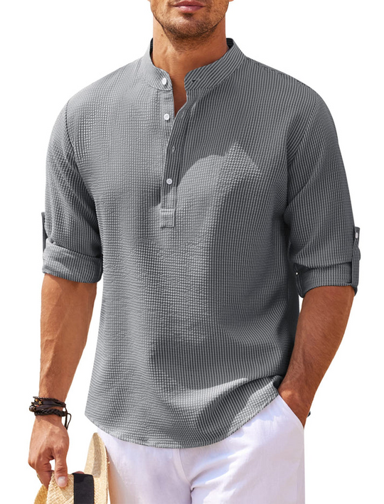 Heidi-Mode | Nadelstreifen Henley Shirt mit Stehkragen und Knopflösung
