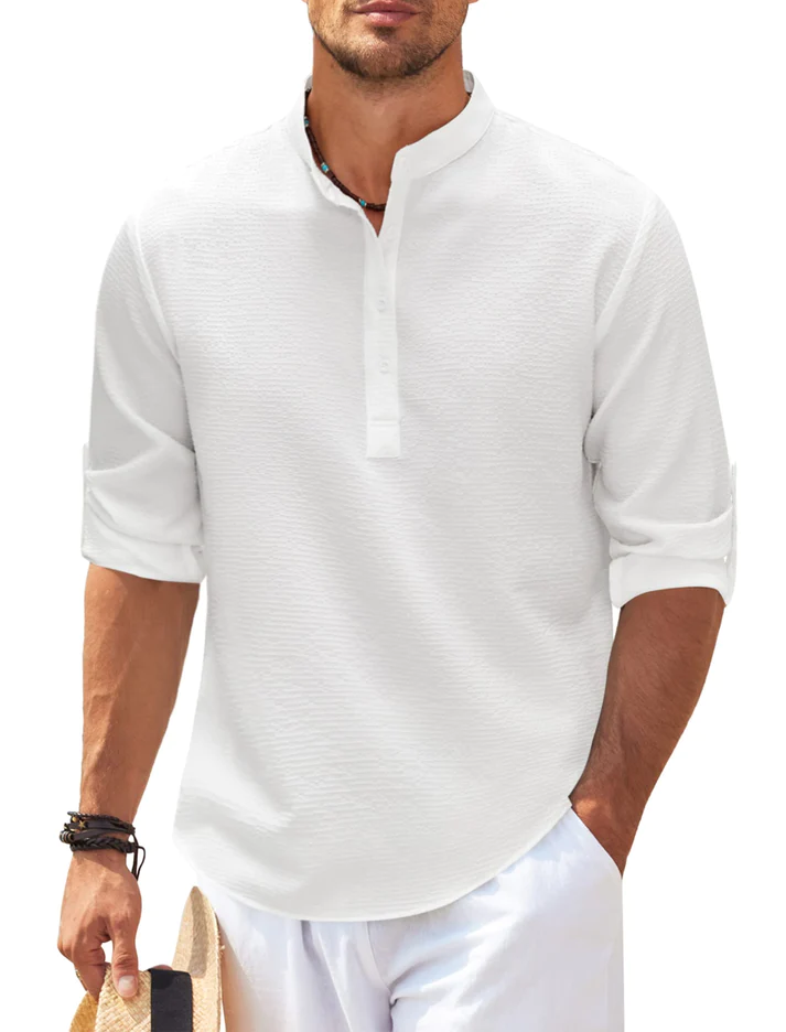 Heidi-Mode | Nadelstreifen Henley Shirt mit Stehkragen und Knopflösung