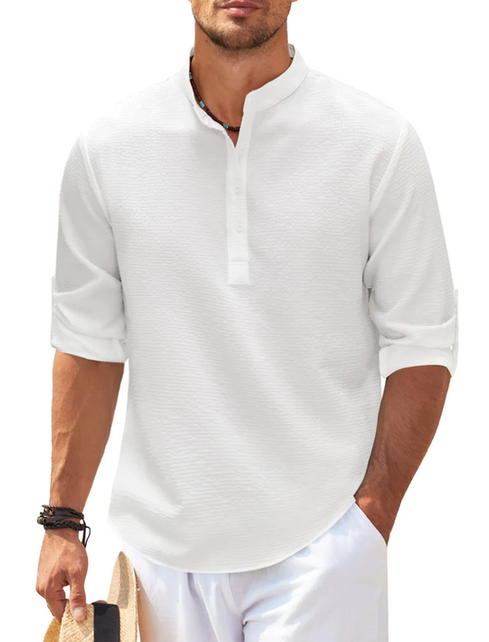 Heidi-Mode | Nadelstreifen Henley Shirt mit Stehkragen und Knopflösung