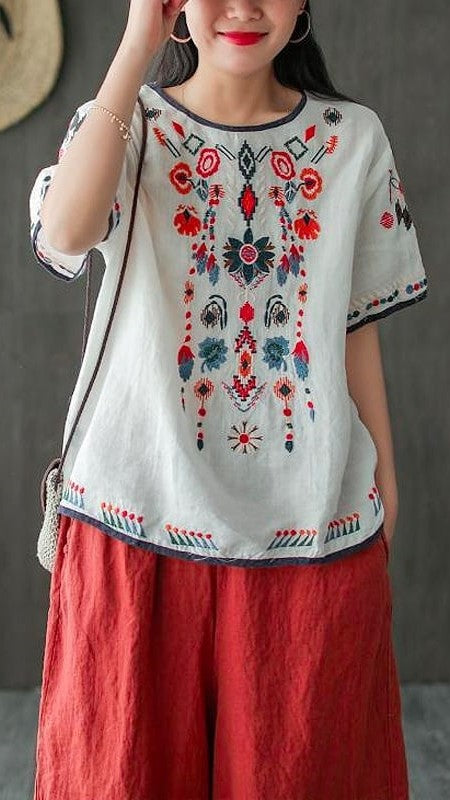 Heidi-Mode | Lockere Ethnische Bestickte Bluse