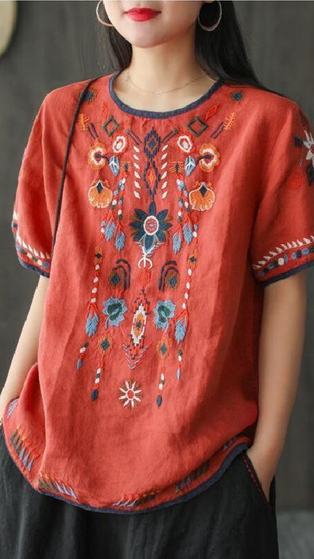Heidi-Mode | Lockere Ethnische Bestickte Bluse