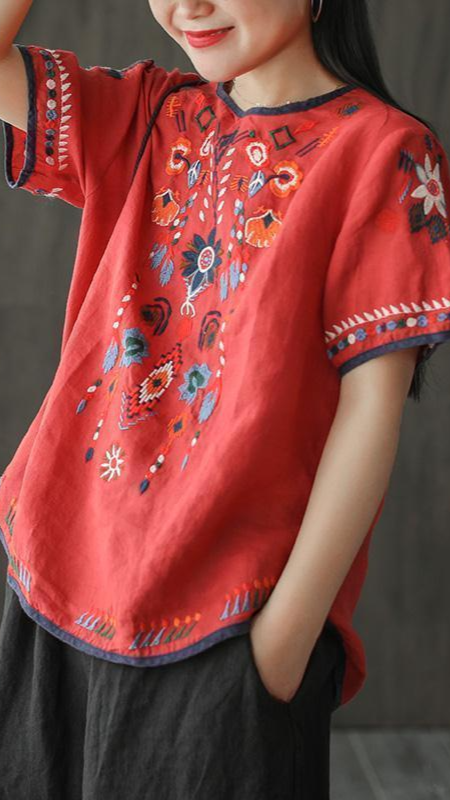 Heidi-Mode | Lockere Ethnische Bestickte Bluse