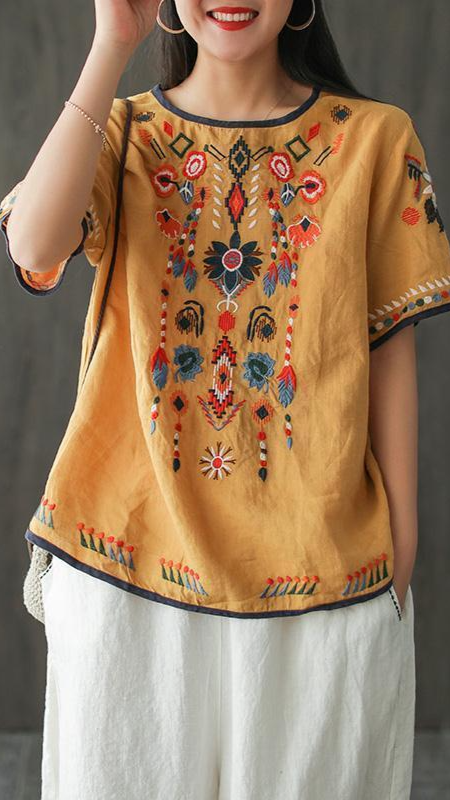 Heidi-Mode | Lockere Ethnische Bestickte Bluse