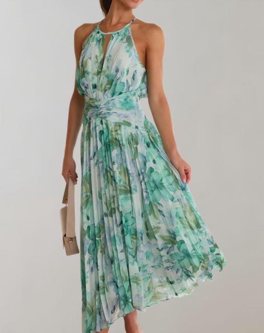 Bohemian gebloemde gehalveerde maxi jurk met tailleband