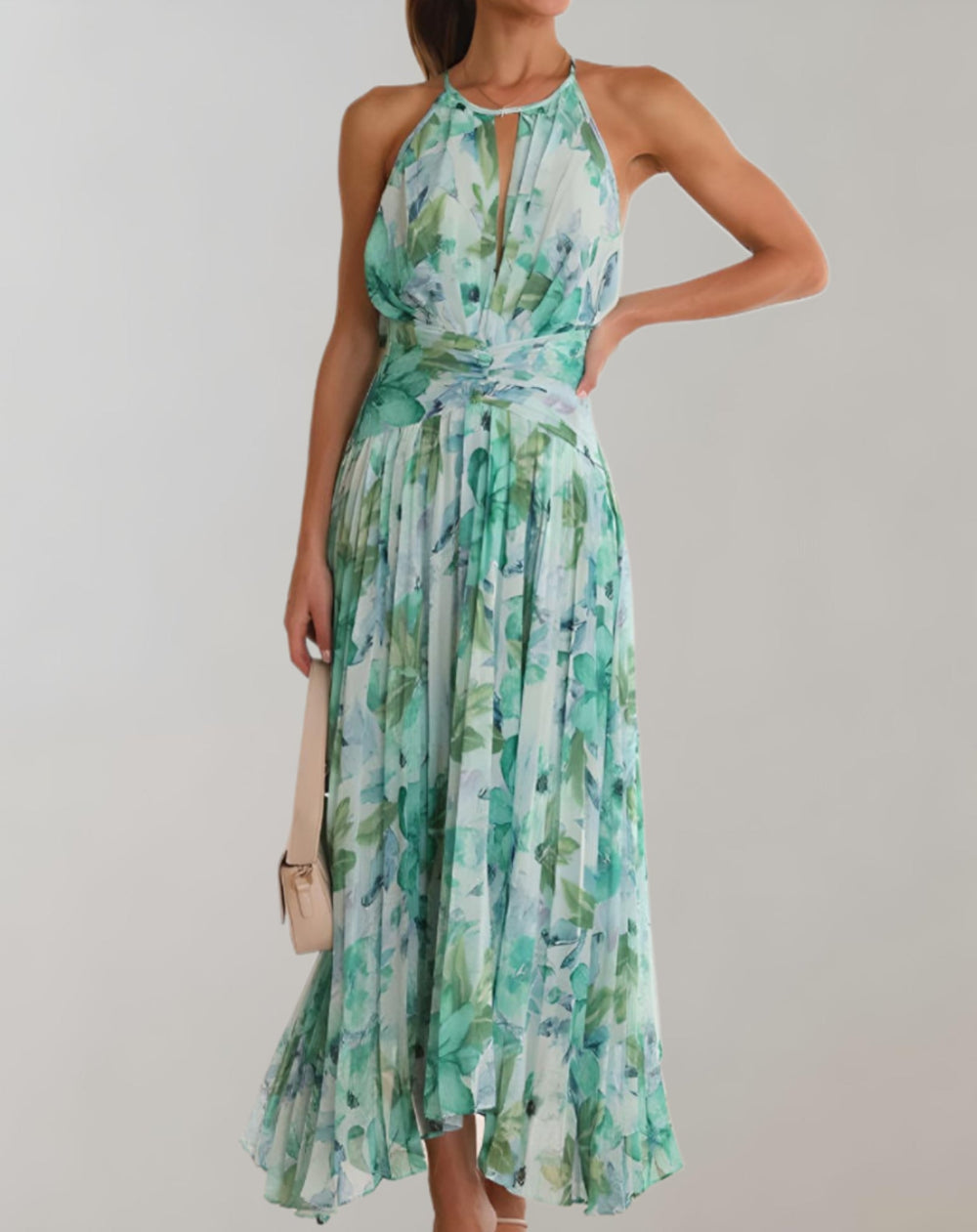 Bohemian gebloemde gehalveerde maxi jurk met tailleband