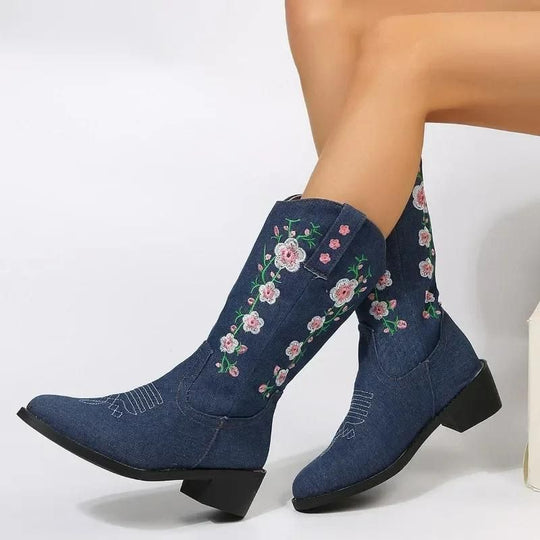 Heidi-Mode | Denim Westernstiefel mit Blumenmuster