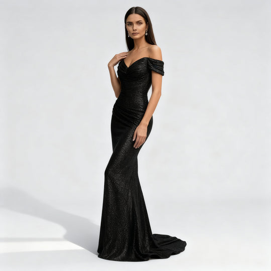 Schimmerndes Schulterfreies Pailletten Damen Abendkleid