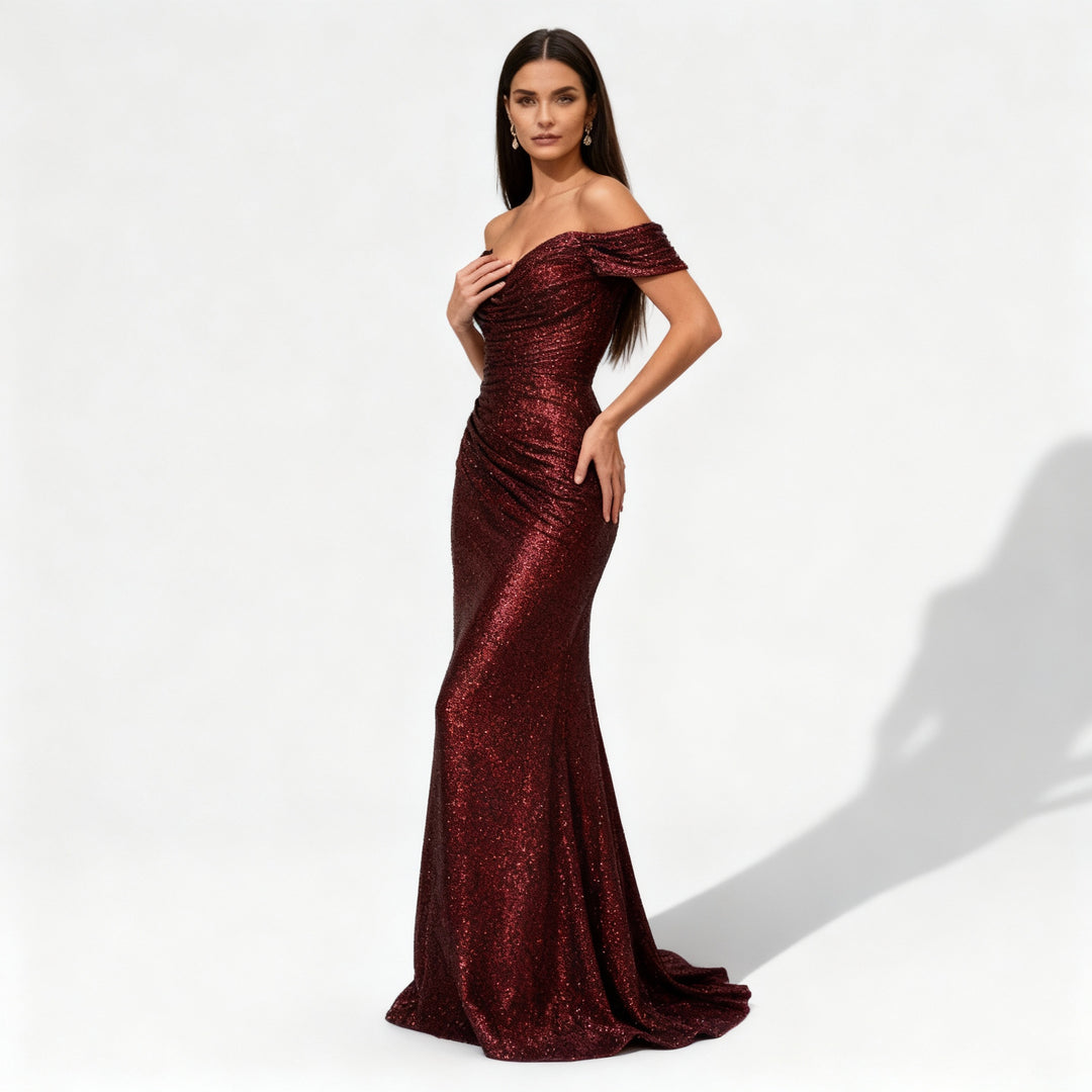 Schimmerndes Schulterfreies Pailletten Damen Abendkleid