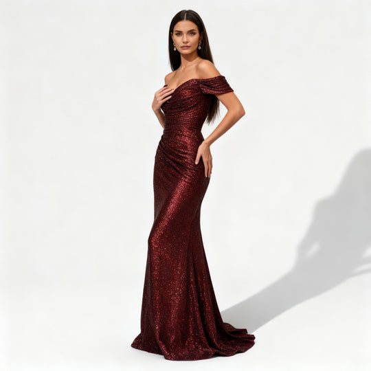 Schimmerndes Schulterfreies Pailletten Damen Abendkleid