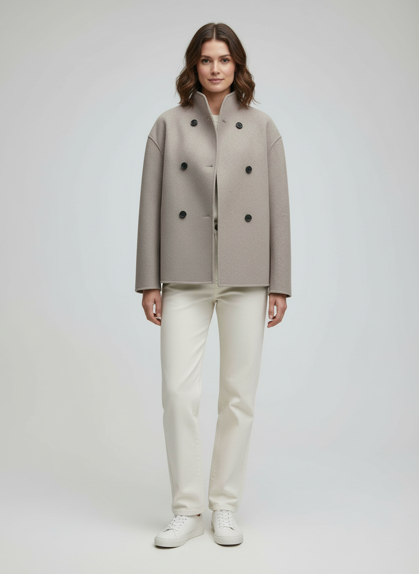 Heidi-Mode | Damenjacke – Kurze Wolljacke in Beige mit Stehkragen & Knopfverschluss