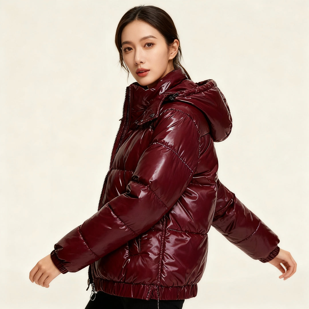 Damen glänzende Winterjacke mit Kapuze – Wasserabweisend & Wärmeisoliert – Heidi-Mode