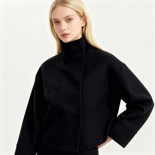 Damen Modische Cropped Jacke mit hohem Kragen und doppelter Knopfleiste