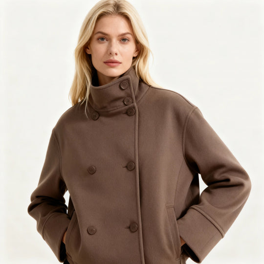 Damen Modische Cropped Jacke mit hohem Kragen und doppelter Knopfleiste