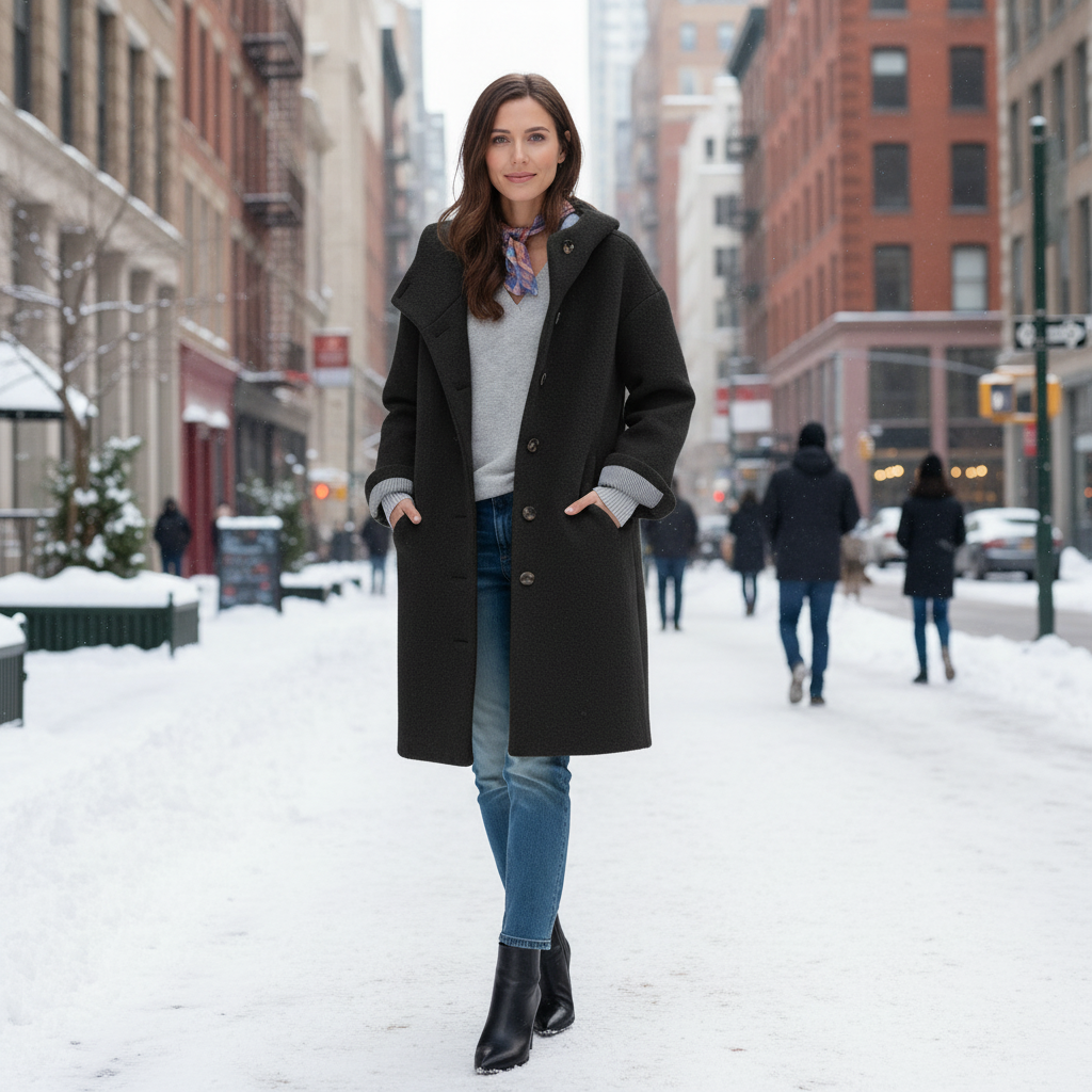 Langer Fleece Wintermantel Damen Kapuze