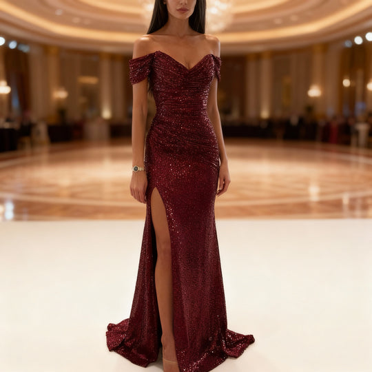 Heidi-Mode | Off Shoulder Abendkleid mit Pailletten, Schlitz und Figurbetontem Schnitt für Damen