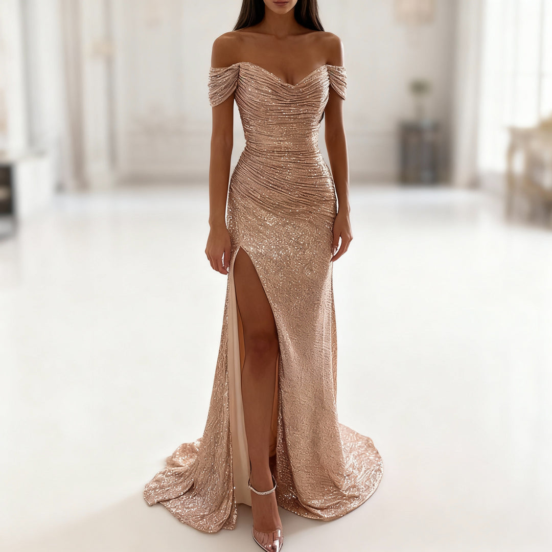 Heidi-Mode | Off Shoulder Abendkleid mit Pailletten, Schlitz und Figurbetontem Schnitt für Damen