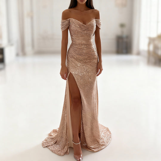 Heidi-Mode | Off Shoulder Abendkleid mit Pailletten, Schlitz und Figurbetontem Schnitt für Damen