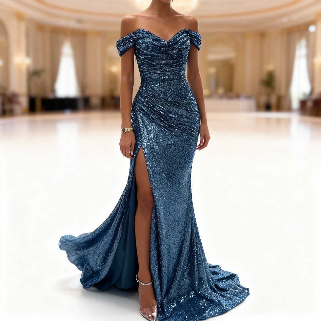 Heidi-Mode | Off Shoulder Abendkleid mit Pailletten, Schlitz und Figurbetontem Schnitt für Damen