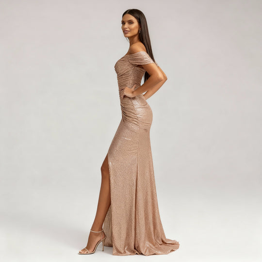 Schimmerndes Schulterfreies Pailletten Damen Abendkleid