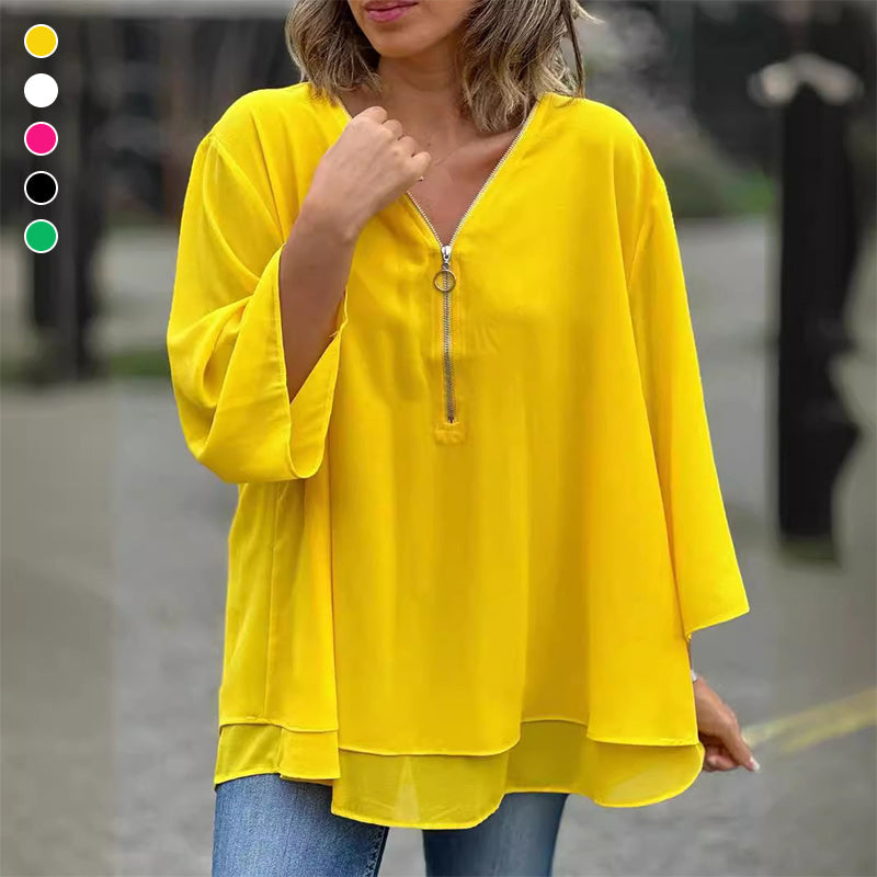 Heidi-Mode | Chiffon Reißverschluss Top mit V-Ausschnitt