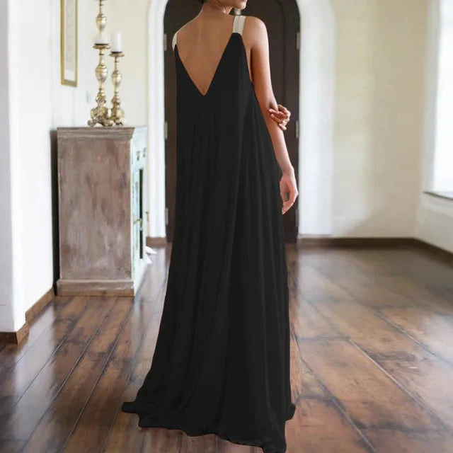 Chloë - Damen Maxikleid im Boho-Stil mit V-Ausschnitt, ärmellos, Sommer, einfarbig, lockere Passform