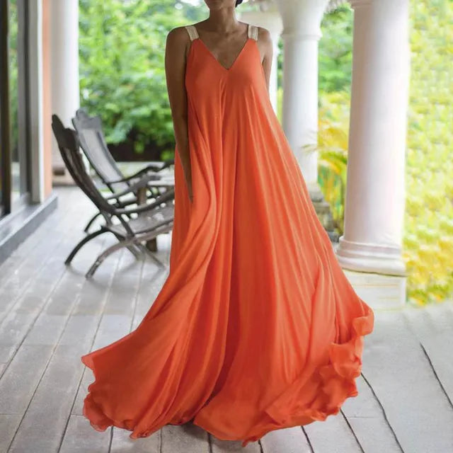 Chloë - Damen Maxikleid im Boho-Stil mit V-Ausschnitt, ärmellos, Sommer, einfarbig, lockere Passform
