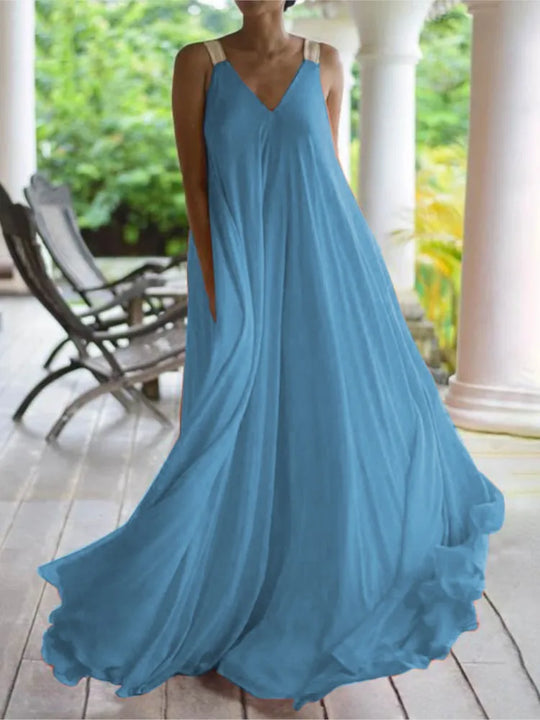 Chloë - Damen Maxikleid im Boho-Stil mit V-Ausschnitt, ärmellos, Sommer, einfarbig, lockere Passform