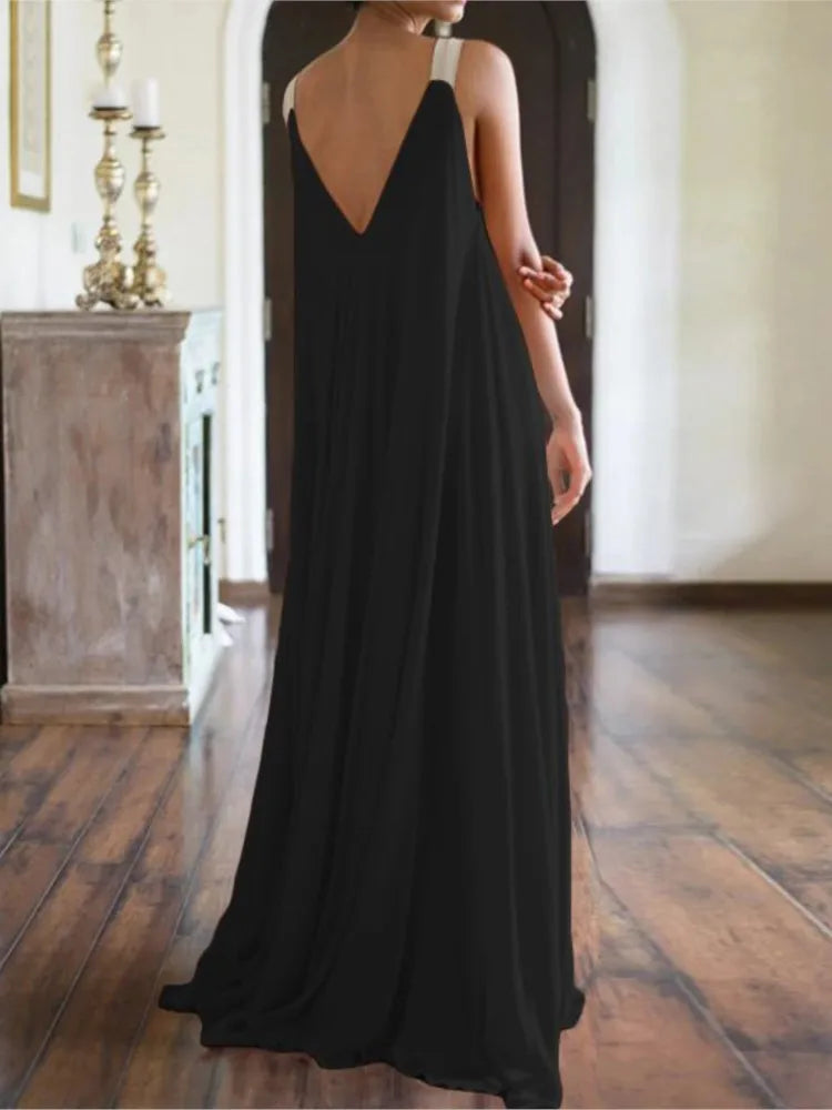 Chloë - Damen Maxikleid im Boho-Stil mit V-Ausschnitt, ärmellos, Sommer, einfarbig, lockere Passform