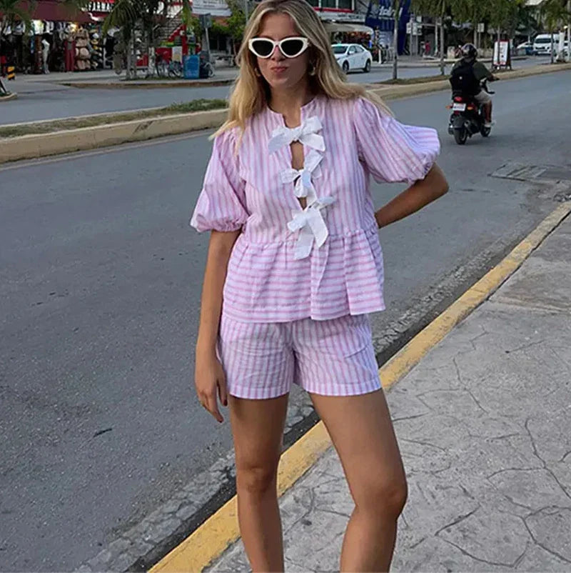 Heidi-Mode | Streifen Puff Kurzarm Bluse & Shorts Satzs