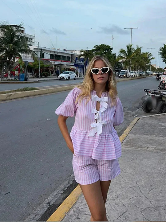 Heidi-Mode | Streifen Puff Kurzarm Bluse & Shorts Satzs