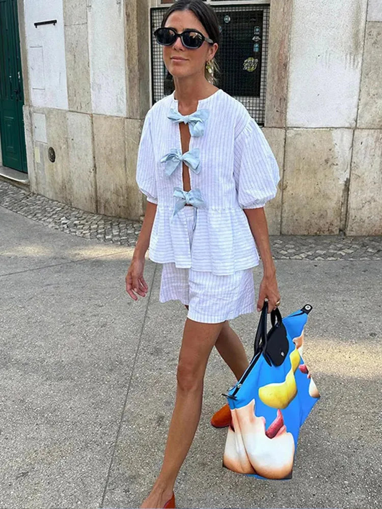 Heidi-Mode | Streifen Puff Kurzarm Bluse & Shorts Satzs