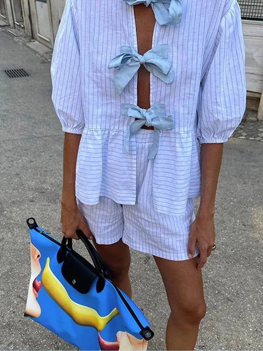 Heidi-Mode | Streifen Puff Kurzarm Bluse & Shorts Satzs