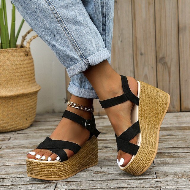 Heidi-Mode | Bequeme Trendy Keilabsatz Damen Sandalen mit Hohem Absatz
