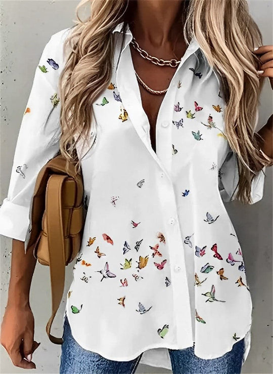 Heidi-Mode | Blusenhemd Atmungsaktive Baumwolle Lässige Passform Blumenmuster Knopfverschluss