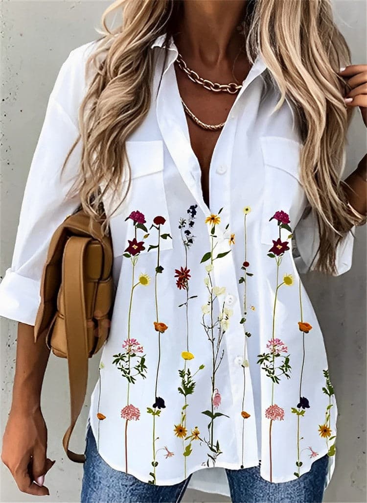 Heidi-Mode | Blusenhemd Atmungsaktive Baumwolle Lässige Passform Blumenmuster Knopfverschluss