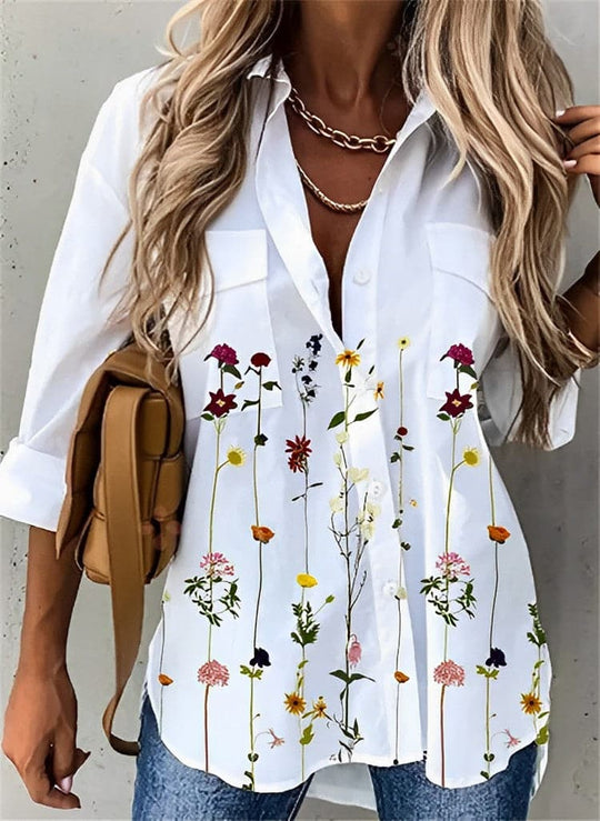 Heidi-Mode | Blusenhemd Atmungsaktive Baumwolle Lässige Passform Blumenmuster Knopfverschluss