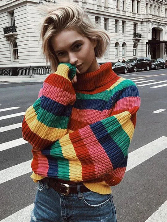 Heidi-Mode | Damen Pullover Mit Regenbogenstreifen Bunt Und Stilvoll