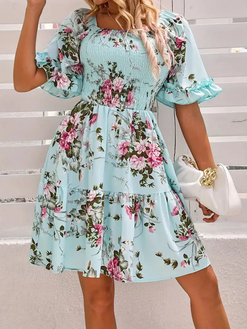 Heidi-Mode | Stilvolle Rüschärmel Blumen Mini Kleid