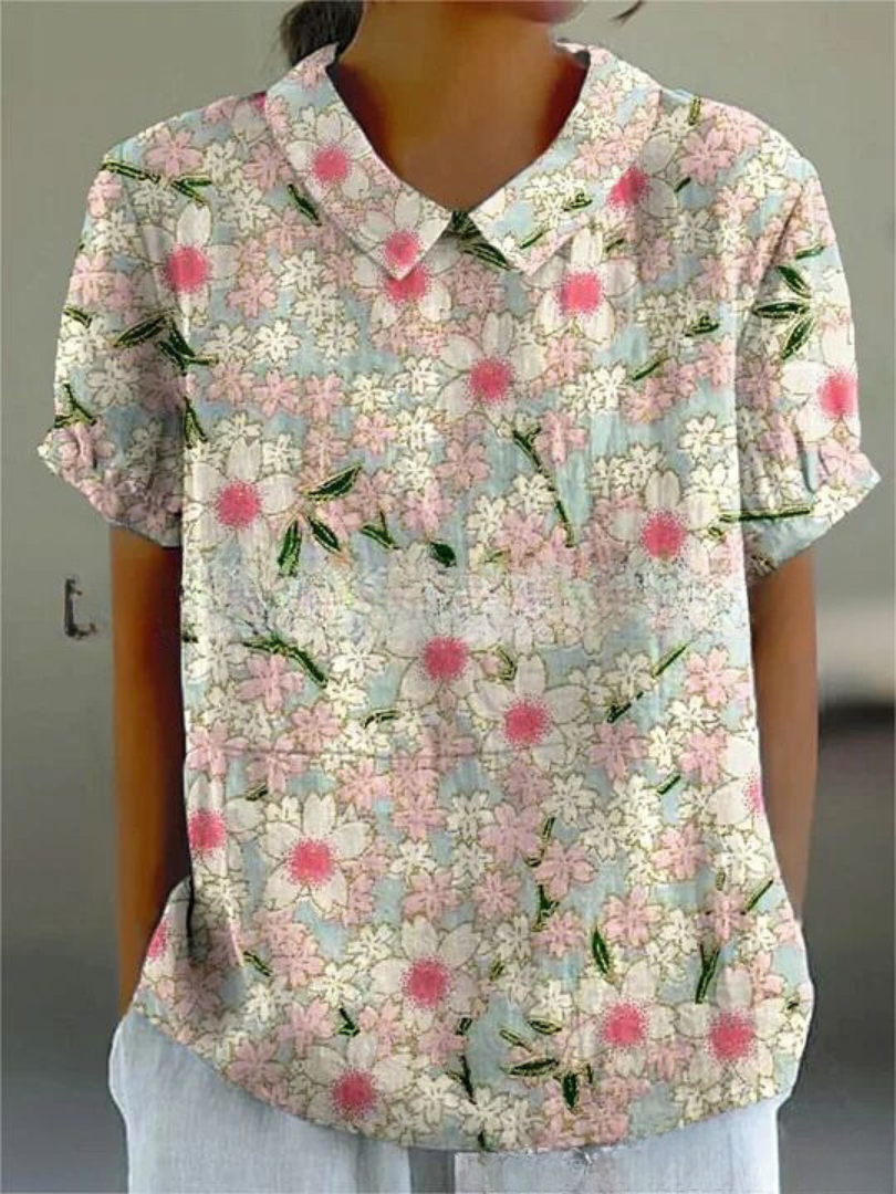 Heidi-Mode | Blumen Kurzarmbluse mit Peter-Pan-Kragen für Frauen