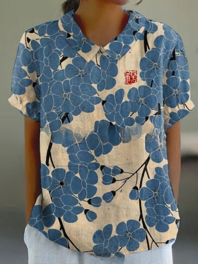Heidi-Mode | Blumen Kurzarmbluse mit Peter-Pan-Kragen für Frauen